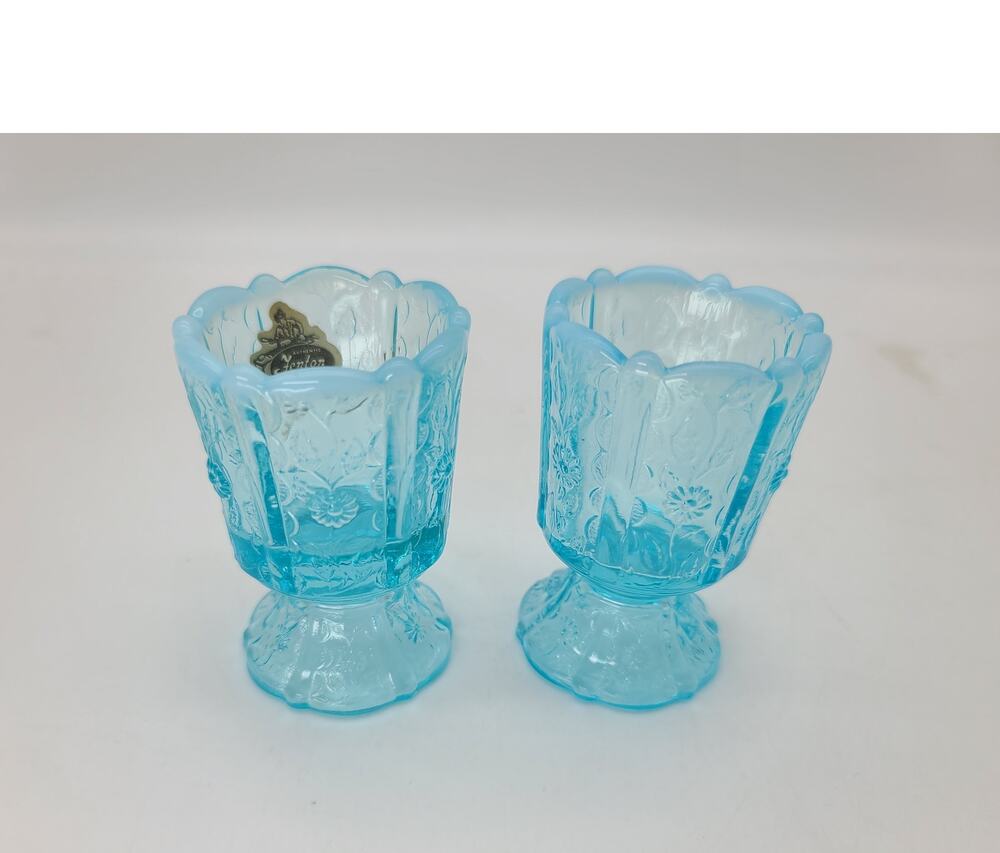 Vintage Fenton Blue Opalescent Paneled Daisy Pattern 1978-82 Toothpick Holders
